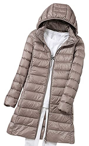 Plumífero Ultraligero Mujer Largo Chaqueta Plumas Ligeros con Capucha Invierno Talla Grande Anorak Plumon Puffer Down Jacket Largos Abrigo Cazadora Plumas Caqui XXL