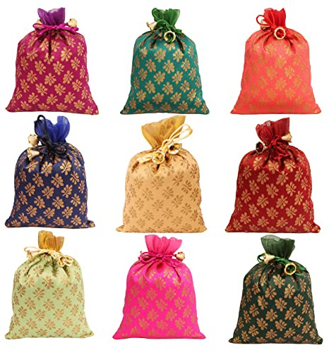 Touchstone Drawstring Bags Traditional Indian Handcrafted in Mimosa leaf Pattern Brocade fabric. Perfect for Gifts Jewelry Weddings Sweet Distribution Set of 9 Vibrant Multicolor Pouches Purses Potli