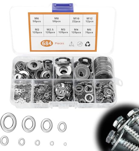 Gowkeey Unterlegscheiben Set Edelstahl, 684 Stück Beilagscheiben Standard, Rostfreie Karosseriescheiben, Edelstahlscheiben flach, Insgesamt 9 Verschiedene Größen M12 bis M2,für Schrauben Gewindestange