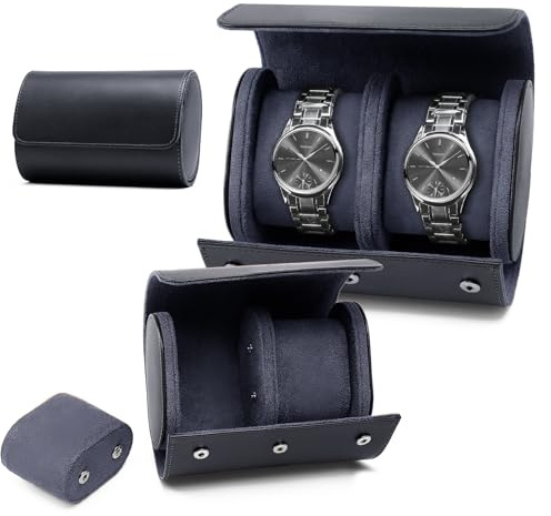 KoGiio Caja de Reloj de Cuero Retro Con 2 Ranuras - Organizador de PU Con Compartimentos de Terciopelo - Soporte de Almacenamiento Para Viaje - Azul