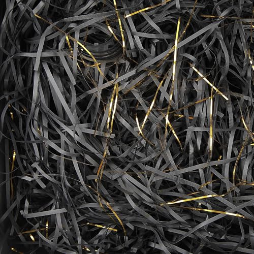 TXXATX 270g Shredded Tissue Paper for Gift Boxes, Black and Gold Shredded Tissue Paper Packaging Filler for Hamper Filling and Basket Stuffing