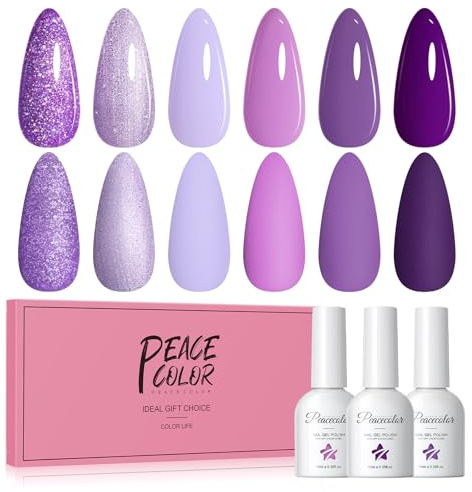 PEACECOLOR Gel Nail Polish Set 6 Colors Purple Nude Gel Polish Set Neon Soak Off Glitter Nail Art DIY Manicure Salon and Home for Women