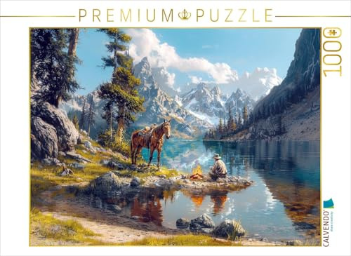 CALVENDO Puzzle EIN Abend mit einem Freund - Westernreiter am Lagerfeuer am See | 1000 Teile Lege-Größe 64 x 48 cm Foto-Puzzle für glückliche Stunden