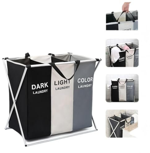 3-Section Aluminium Large Laundry Basket Hamper Washing Clothes Storage Bin Bag Light Dark