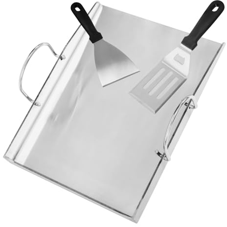 40 x 30 x 4 cm Grillplatte Plancha mit 2 Grillspachtel Set für Gasgrill und Holzkohlegrill, mit Abnehmbar Griffen, Edelstahl 4mm Plancha Grillschale für Grillabende im Freien und Familienessen