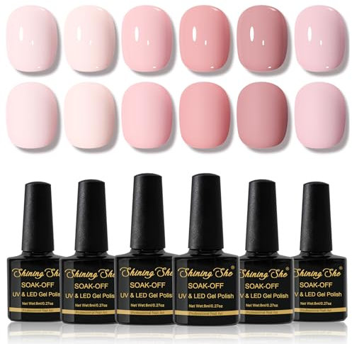 Shining She Gel Nail Polish, 6 Colors Soft Nude Pink Gel Polishes Set Soak-Off UV/LED Nail Polish Gift for Nail-Art Salon DIY Home, 8ML