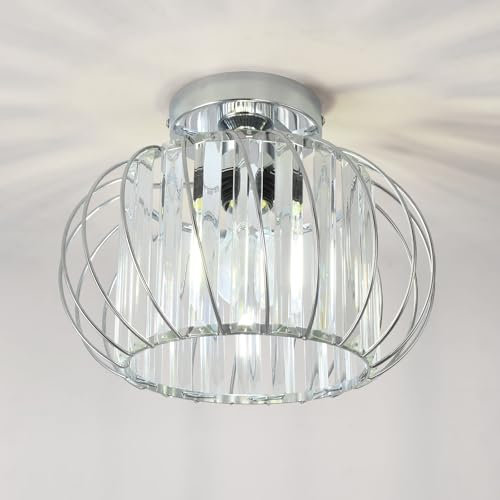 ANWIO Lustre en Cristal Moderne Argent, E27 Plafonnier Led Cuisine Ø280mm, Luminaires Intérieur pour Salon, Chambre, Salle à Manger
