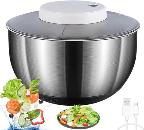 Centrifugador eléctrico de ensalada de 4,8 L, recargable por USB, de acero inoxidable, para lechuga y verduras para ensaladas frescas y frutas