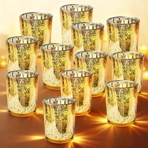 Gold Teelichtgläser 12er Set, Gefleckt Teelichthalter Glas, Teelichtgläser Vintage, 4.7 * 5.6 * 6.6CM Votivkerzenhalter, Heimdekoration Für Tischdekoration, Hochzeit, Geburtstag Und Heimdekoration