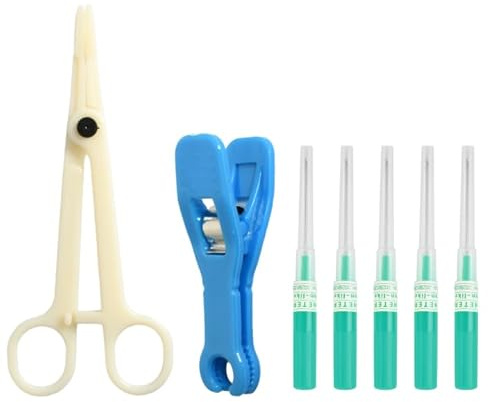 Rieoany Juego de 7 Piezas Cateter Piercing, Agujas Piercing con Pinzas De Mordaza Redonda y Alicates De Apertura, para Perforador Oreja, Nariz, Labios y Cejas
