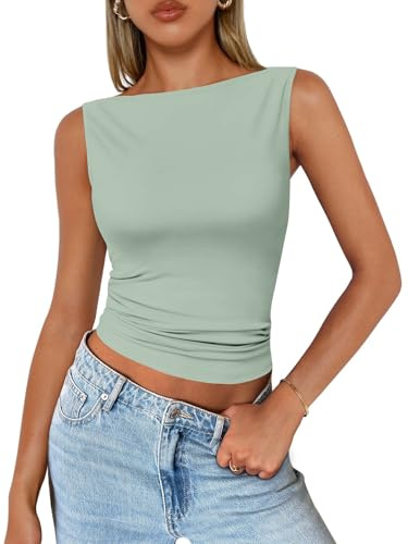 DUOEASE Debardeur Femme Basique Slim Fit Crop Top Femme sans Manches Décontracté Haut Femme Chic Et Elegant Sexy Ete Top(Vert,S)