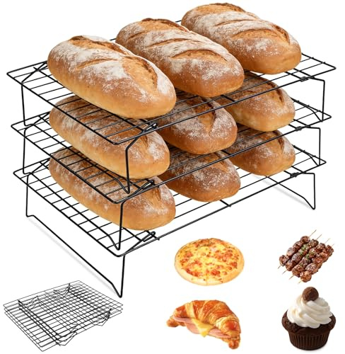 KOUHA 3 Ripiani Griglia di Raffreddamento Impilabile 34x24x6.5cm Gratella per Dolci per Cuocere Asciugare Muffin Pizza e Grigliate Compatibile, Griglia Accessori per la Cottura in Cucina