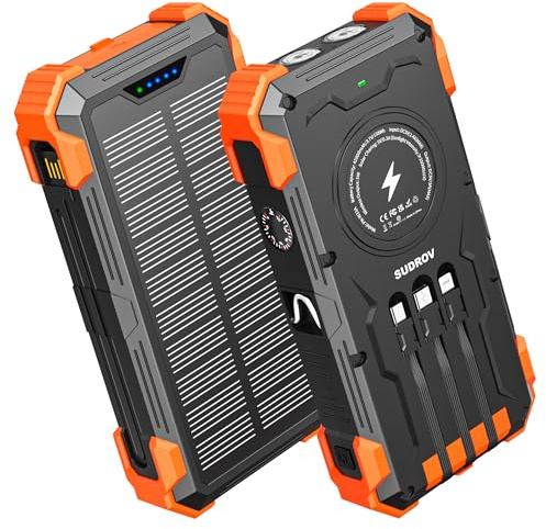Sudrov Solar Charger Power Bank, 42800mAh Wireless Portable Charger with USB-C in/Output, QC3.0 Fast Charging 15W 4 Ports Outdoor Battery Pack Built-in Dual Led Flashlights for iPhone Samsung etc