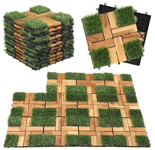 Holzfliesen Akazie mit Kunstrasen, Holzfliesen Balkon 30x30 cm, Terrassenfliesen mit Klicksystem,Wetterfest Terassenplatten Außenbereich für Balkonboden, Terrasse, Garten, 66 Stück/6 m²