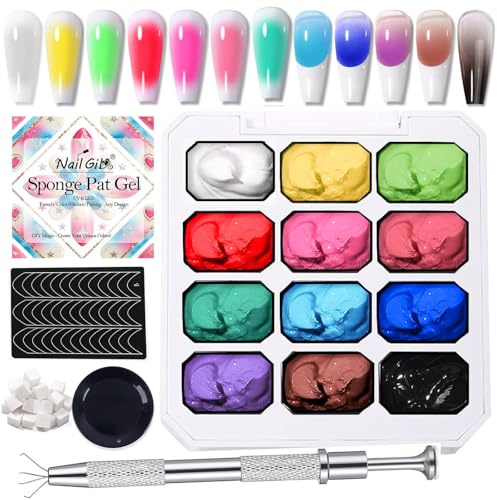 NAILGIL Ombre Gel per unghie, gel sfumato, blush Effect Painting Palette Sponge Pat Gel Set Sock Off Manicure, Set di 12 colori