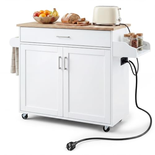 COSTWAY Desserte de Cuisine avec Multiprise Intégrée, 40 × 116 × 85 cm | Îlot de Cuisine Mobile 2 Prises AC, 2 USB, Placard, Grand Tiroir, Étagère Réglable, Porte-épices, Porte-serviettes, Blanc
