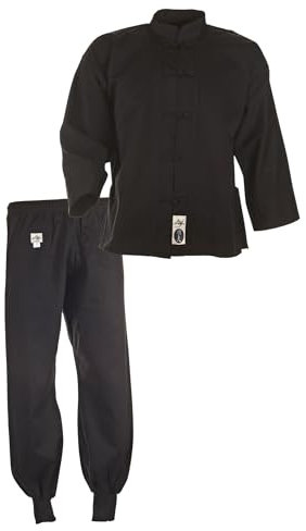 Ju-Sports Kung Fu Anzug Schwarz, Cotton 190 I Solider Kampfanzug im klassischen Schnitt I Mit Kordelknöpfen & Bündchenhose mit Elasikbund I 100% Baumwolle