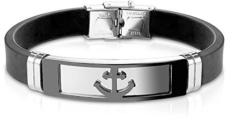 Bungsa Armband Schwarzer Anker aus Silikon Schwarz - mit Silberner Edelstahlplatte & Klickverschluss - Herren-Armband für Männer