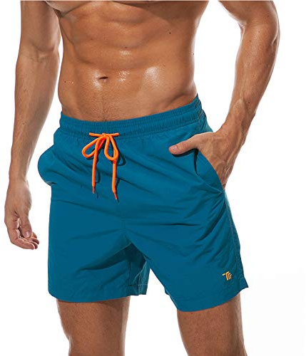 donhobo Men's Swim Trunks Board Shorts Beach Pants Swimming Waterproof Quick Dry Surfing Boardshorts(Peacock Blue,L)