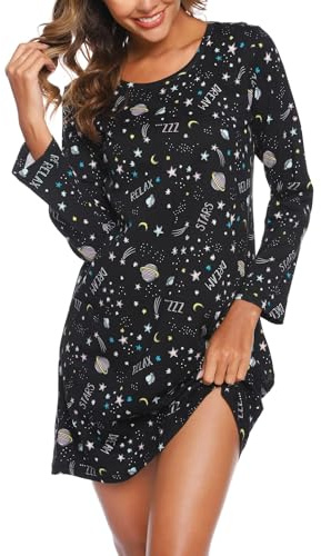 ENJOYNIGHT Camisón de algodón para mujer, manga larga, estampado | Material ligero, cuello redondo, corte holgado en A, vestido de pijama informal