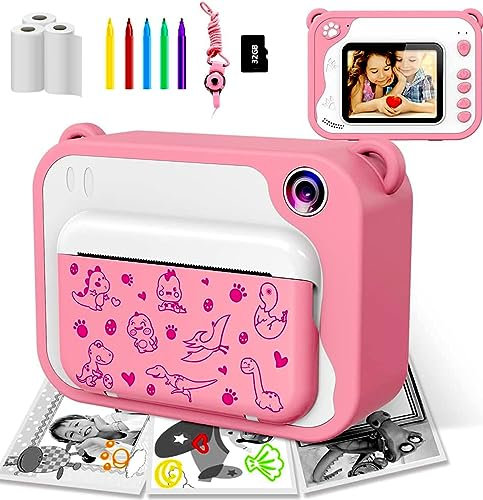Uleway KinderKamera,DigitalKamera Print Sofortbildkamera 1080P 2.4'' Bildschirm Videokamera Schwarzweiß Fotokamera mit 32GB Speicherkarte 3 Rollen Druckpapier, 5 Farben Pinselstift Geschenk für Kinder