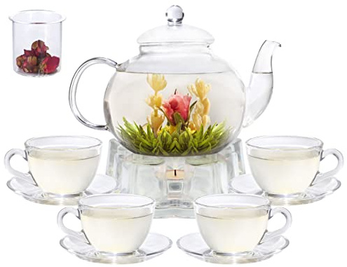 GURUDAR Glass Teapot Set, 40OZ/1200ml Stovetop Safe Glass Tea Kettle with Removable Infuser & Tea Warmer, Tea Cups and Saucers Set of 4, Blooming Tea & Loose Leaf Tea Maker Set for Women