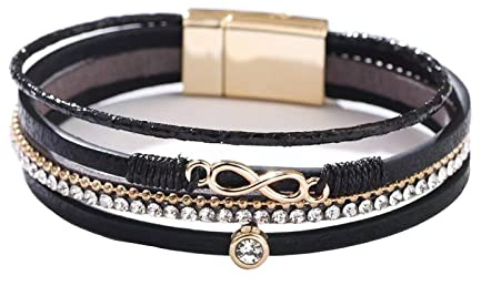 KunBead Jewelry Black Wrap Leather Bracelets for Women Handmade Braided Multilayer Magnetic Buckle Infinity Bracelet Wristband Cuff Bangle Birthday Gifts