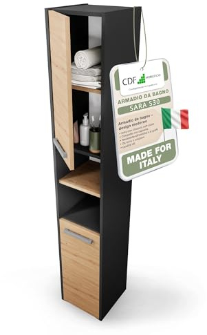 CDF Hochschrank SCHMAL HOCH-Schrank Badschrank 30 cm Breit Badezimmerschrank Nischenschrank Badmöbel für Kosmetik Handtücher Badezimmer Bad WC Toilette Flur Stehend Eiche Artisan/Anthrazit | 30x30x170