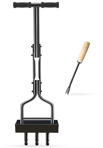 Fnwsja Manueller Rasenbelüfter mit Tablett und 3 Hohlschlitzen, manueller Bodenentkerner, Sammler, Rasenstecker, Kernbelüftungswerkzeug, robuster Rasenkern für Böden und Rasen Hof Garten, 95,5 cm