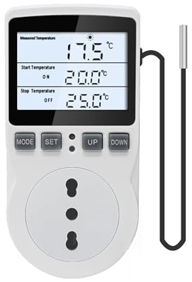 KETOTEK Digitale Presa Termostato 220V con Retroilluminazione, Presa Regolatore di Temperatura con Sonda da 3 Metri per Serra Incubatrice Fermenazione Freezer