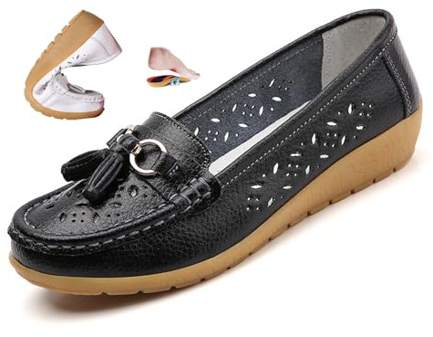 ZPLMIDE Mocasines ortopédicos para mujer de cuero transpirable, mocasines de verano para conducir, cómodos zapatos de cuero para trabajar y caminar (37 UE, negro)