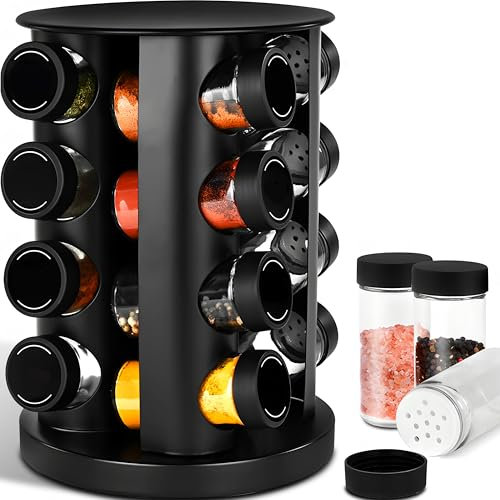 Retoo Gewürzregal Stehend 16 Gewürzgläser Drehbar Rundes Gewürz Organizer Gewürzkarussell Gewürzständer Gewürzdosen für Küchen Schrank Speisekammer Schrank Arbeitsplatte Schwarz Holz