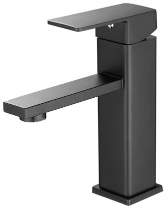 Vuadzren Rubinetto Bagno Lavabo Miscelatore da lavabo a foro singolo, forma quadrata, nero, a leva singola con cartuccia ceramica, in acciaio inox (1, Nero)