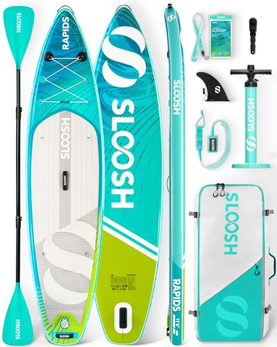SLOOSH Tabla de Paddle Surf Hinchable, 11'6 Stand-Up Paddle con Accesorios Premium, Cubierta de EVA Antideslizante, Bolsa de Transporte con Bomba, Rapids Sup para Jóvenes & Adultos, Oleada Aqua