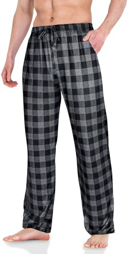 AUYAO Men's Gray Plaid Pyjama Bottoms Soft Gray Checked Lounge Pants with Pockets Adjustable Pyjamas Lounge Pants Cotton Soft PJ Sleepwear Nightwear Relaxed Fit