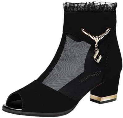 Mesh Ankle Boots Womens Short Black Boots For Women Open Peep Toe Shoes Low Mid Block Heels Lace Ferrule Fashion Booties For Party Wedding Footwear Breathable Summer Sandals With Back Zipper