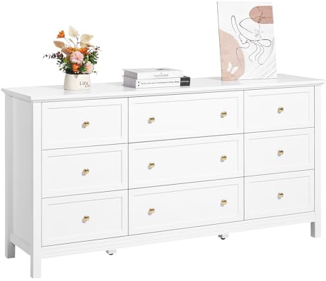 VEVOR Commode 9 tiroirs, Meuble de Rangement en Bois avec système Coulissant et Anti-basculement, Style rétro Minimaliste, Meuble TV de Rangement, Armoire pour Salon, Couloir, Chambre, entrée, Blanc
