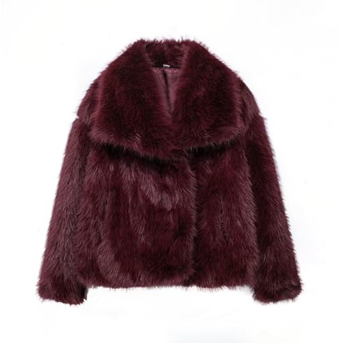 Women's Cropped Faux Fur Jacket Lapel Cardigan Shrug 2025 Winter Fluffy Faux Fur Coat, Wine Red, L