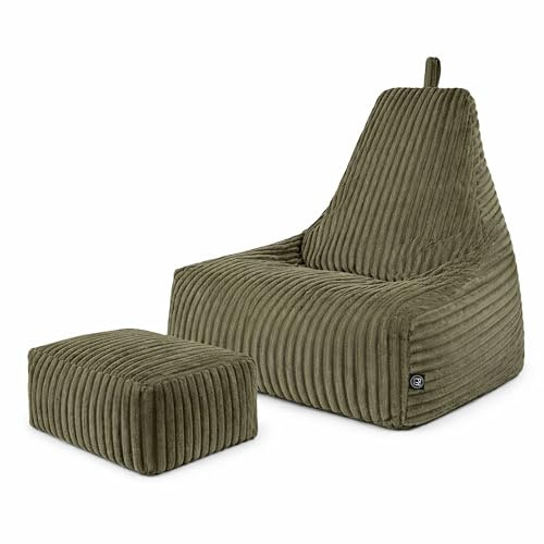 PatchHome Deluxe Cord Bean Bag Lounge Chair - Gaming Bean Bag Set with Footstool - Comfortable Cord Chair with Filling - Living Room & Bedroom Furniture (Olive Green, XXL, Bean Bag + Stool Set)