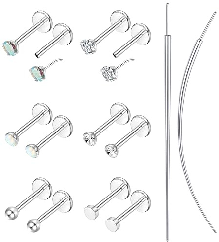 Morfetto 6 Paar Helix Piercings Chirurgenstahl (1,2mm),Hypoallergene Tragus Piercing Set Piercing Ohr Labret Conch Nasenpiercing Stecker Lippenpiercing,Silber Tragus Ohrringe Piercings Schmuck