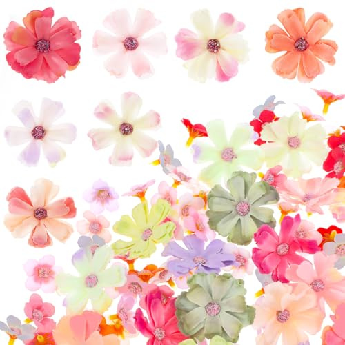 TIESOME 120 st mini falska blommor för hantverk, konstgjorda blomhuvuden ros tusensköna pion blomma dekor flerfärgad litet tyg silkesblommor falska vilda blommor girlang dekoration för hem bröllop