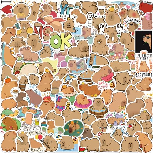 100PCS Waterproof Capybara Stickers - Cute Kawaii Vinyl Animal Decals for Laptop, Water Bottles, Skateboard | Aesthetic Gift for Adults, Teens, Kids (1.5-4)