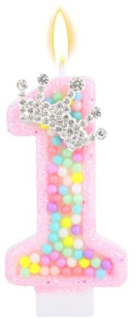 Tinoaly Sweet One 1-Års Födelsedagsljus, Rosa Macaron Krona Sifferljus Färgade Pärlor Paljett Tårtdekoration för Flickor 1-Års Födelsedag Babyshower Festdekoration
