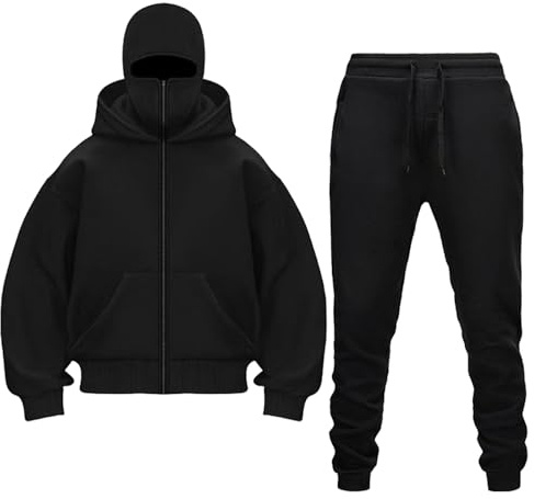 Ensembles jogging Homme Sweat à Capuche Zippé Homme + Pantalon Veste Chaude Hoodie Balaclava Cagoule Moto Masque Anti-Vent pour Sports de Plein Air Vélo Automne Hiver