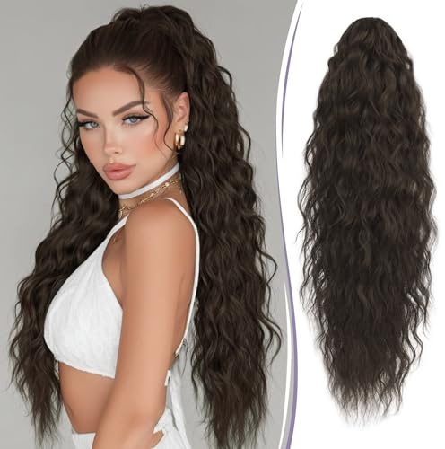 RUWISS Pferdeschwanz mit Klammer 76 cm Lange Wellig Lockig Pferdeschwanz Haarteil Synthetik Gewellt Claw Clip in Ponytail Extension für Damen, Dunkelbraun