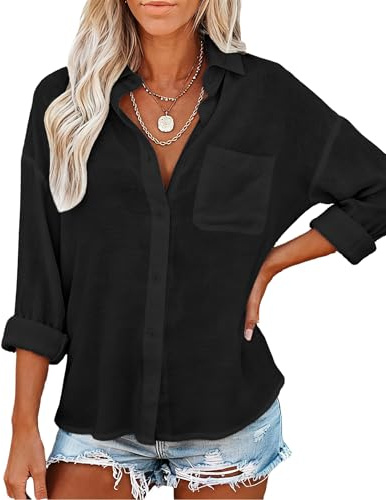 Womens Button Down Shirts with Pockets Long Sleeve Linen Feel Cotton Casual Blouses Loose Fit Summer Tops Black