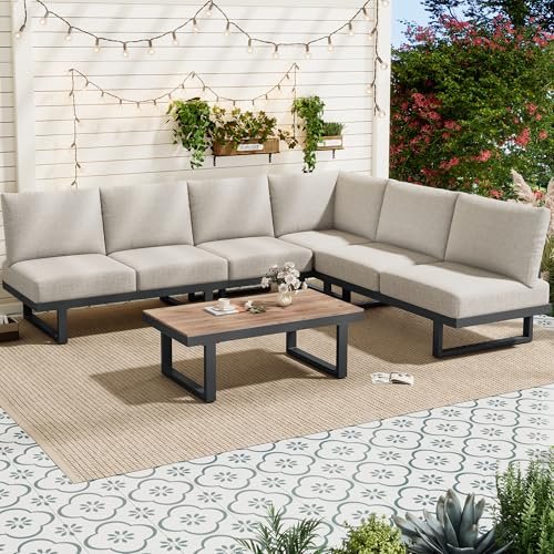 Huayz Set di mobili da giardino per esterni, con piedini regolabili, 5 pezzi, 2 divani matrimoniali, 1 divano singolo, 1 divano ad angolo, 1 tavolo, tutti i cuscini inclusi, per giardino, terrazza e