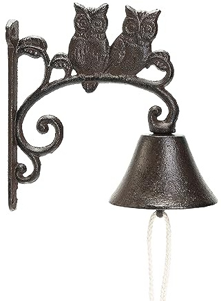 Sungmor Heavy Duty Cast Iron Wall Bell - Decorative Retro Style Lovely Owls Hand Bell - Manually Shaking Wall Hanging Doorbell - Indoor Outdoor Wall Mounted Dinner Bell - Garden Home Wall Decoration