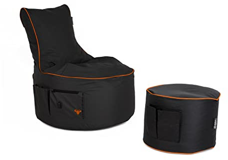 BuBiBag Maverick Gaming Sitzsack mit Hocker für Erwachsene und Kinder - mit Ausgang, Seitentaschen für Controller - Gamer Sitzsäcke für Indoor & Outdoor (Tiger orange)
