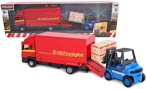Toyland®- 15cm(6) Red MAN Freight Truck And Forklift - Transport Goods -Load And Go - 1:48 Scale - Kids Toy